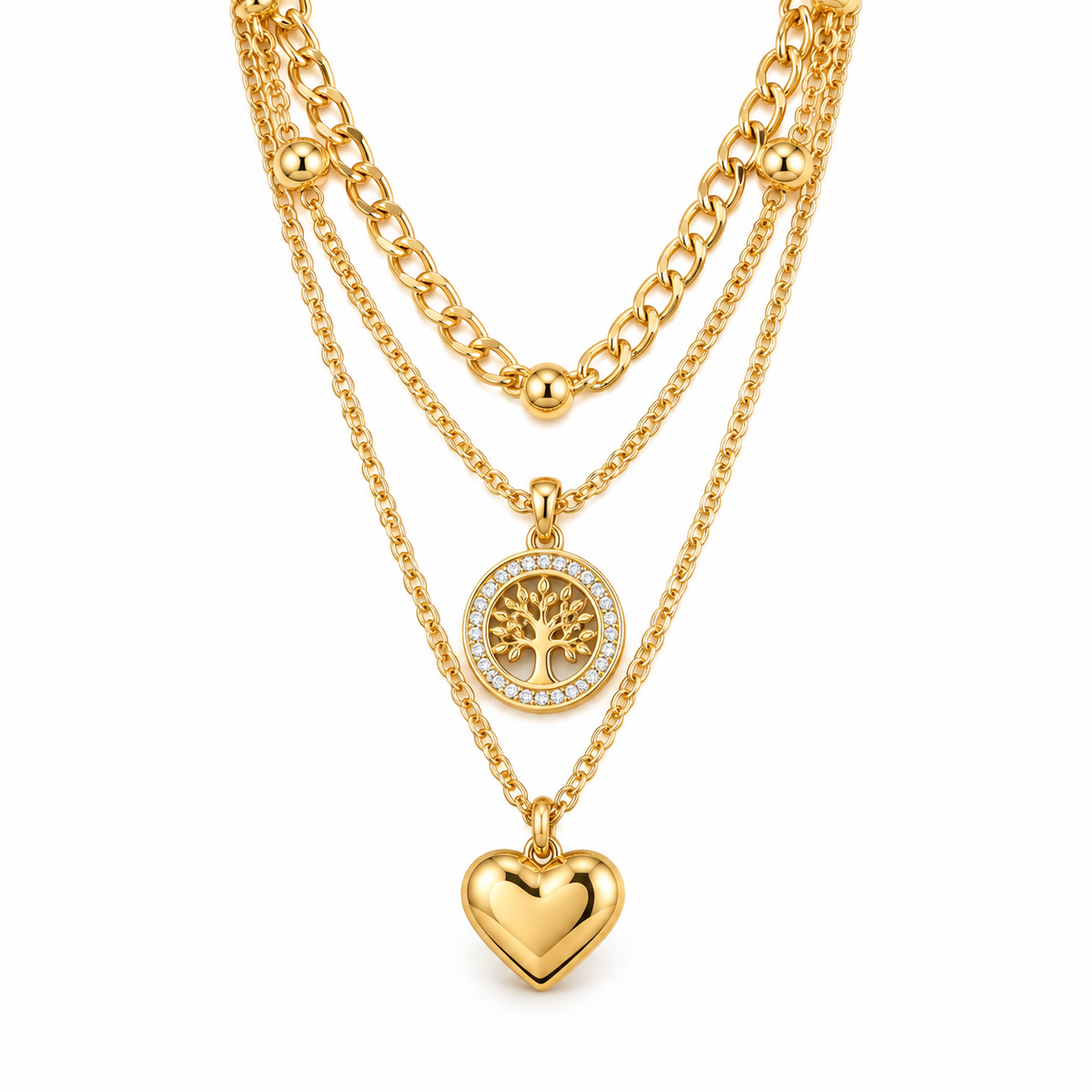 Elara Layered Tree & Heart Gold Necklace