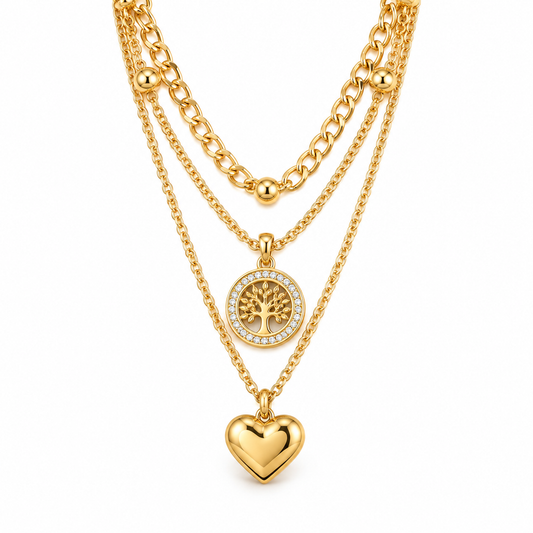 Elara Layered Tree & Heart Gold Necklace