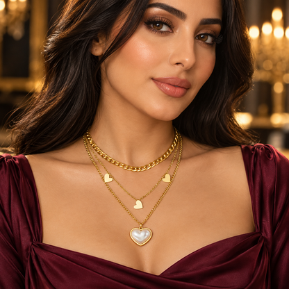 Layered Gold Heart Necklace with Pearl Pendant – Elegant Everyday Luxury