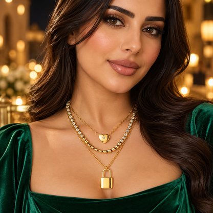 Layered Gold Padlock &amp; Heart Necklace