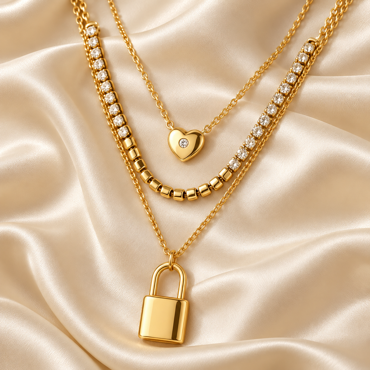 Layered Gold Padlock &amp; Heart Necklace