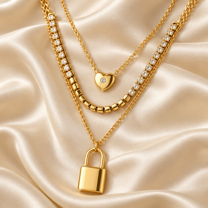 Layered Gold Padlock &amp; Heart Necklace