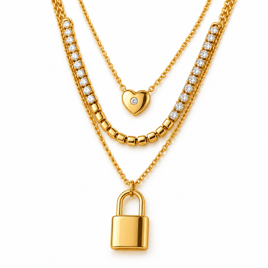 Layered Gold Padlock & Heart Necklace