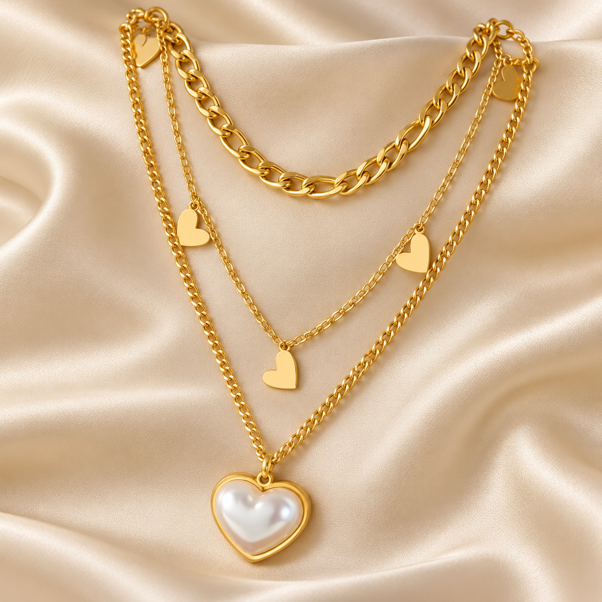 Layered Gold Heart Necklace with Pearl Pendant – Elegant Everyday Luxury