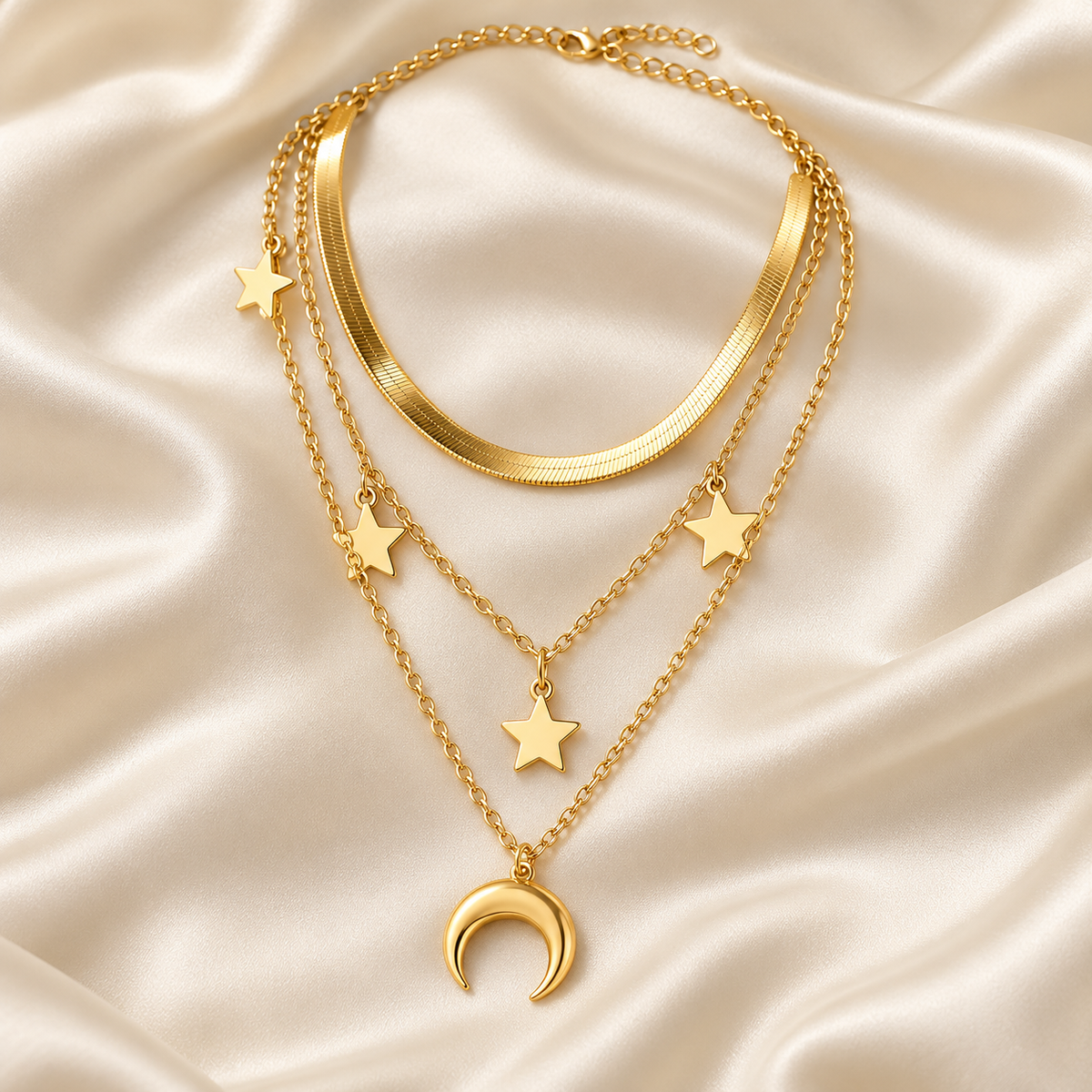 Gold Moon &amp; Star Layered Necklace with Crescent Pendant
