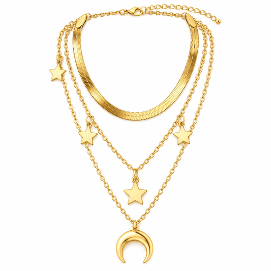 Gold Moon & Star Layered Necklace with Crescent Pendant