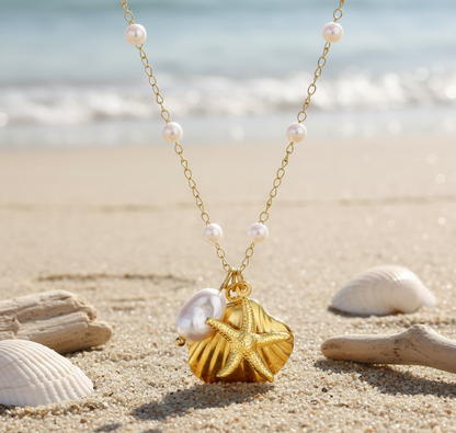 “Starfish & Seashell” Necklace – 18K Golden Glow