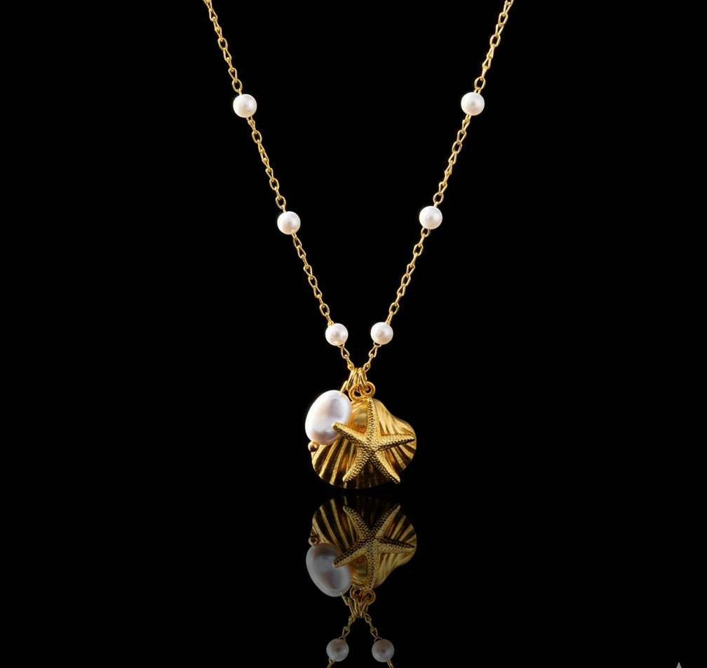 “Starfish & Seashell” Necklace – 18K Golden Glow